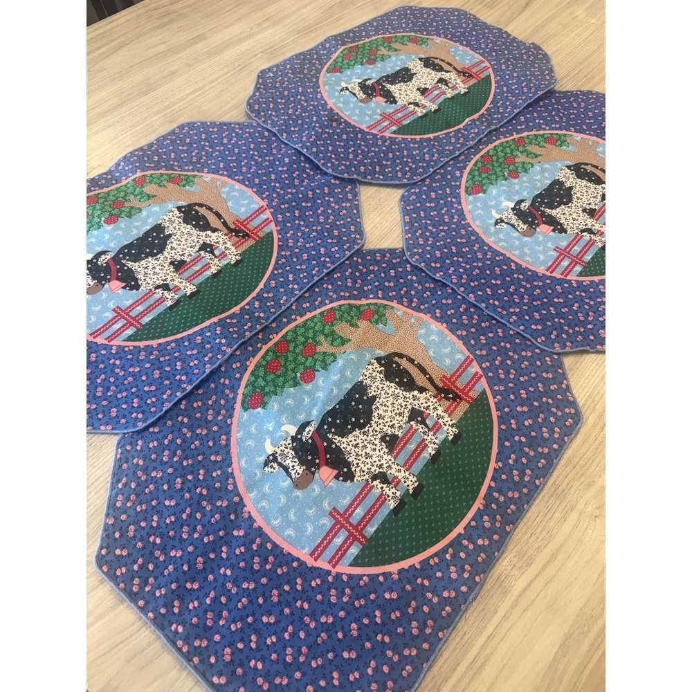 Vtg Country Cow Fabric Quilted Placemats Set of 4 Farmhouse Apple Tree 18" x 13"